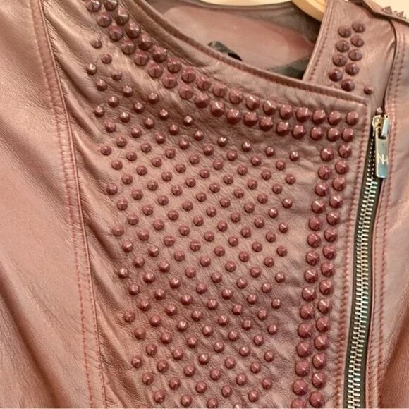 Nour Hammour Oxblood Red Erin Studded Real Leather Fitted Motorcycle Jacket - Picture 8 of 16